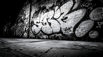 Naklejka premium Gritty Urban Graffiti Art on Brick Wall in Black and White