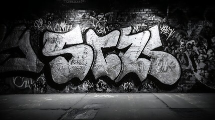 Monochrome Graffiti Art on Brick Wall in Urban Setting