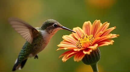 Fototapeta premium Detailed macro shot of a green hummingbird hovering by a vibrant orange flower