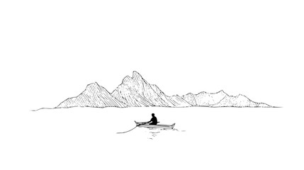 A lone rower in a boat on calm water with a backdrop of sketched mountains under a bright white sky