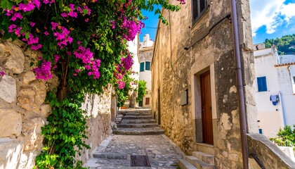 A picturesque alleyway in a Mediterranean town.  Sunlight streams through the blossoms