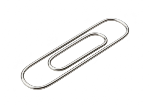 A single silver metal paperclip isolated on transparent background, a common office supply used for fastening documents together
