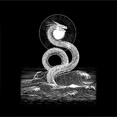 A white dragon coiled above ocean waves with a glowing orb on a black background illustration art