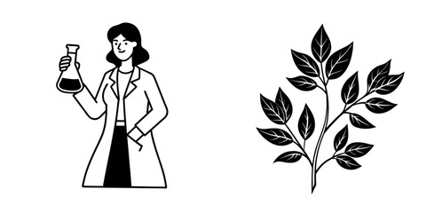 Vector art of a female scientist holding a flask and a plant branch with leaves, isolated on white background