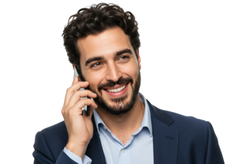 Smiling businessman talking on a mobile phone, isolated on transparent background