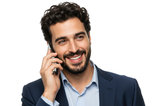 Smiling businessman talking on a mobile phone, isolated on transparent background