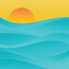 Square vector background with blue gradient sand waves pattern, sky and sun in orange tones.