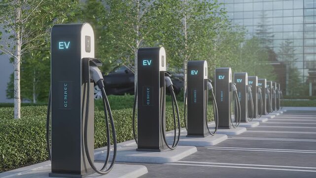 Row of modern electric vehicle charging stations in outdoor parking lot with green landscaping and glass office building in background

