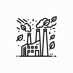 Eco Factory Icon – Outline Green Industry Building with Leaf Emission