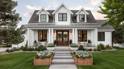 An all-white modern farmhouse pairs black and dark beige framed windows with potted flowers beside wide doors, enhanced by subtle light grey accents for a graceful, inviting design.