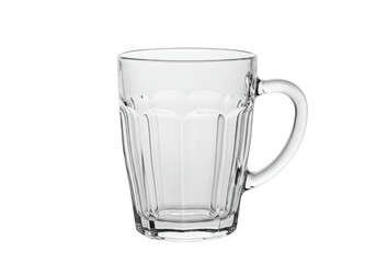 Empty clear glass mug with handle, isolated on transparent background