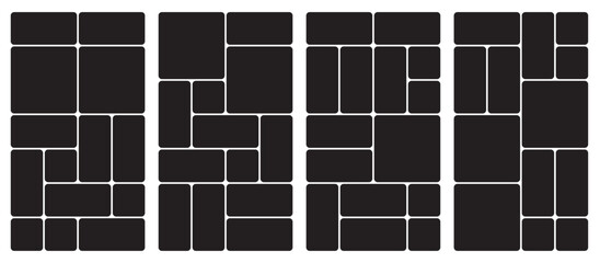 Bento grid vector vertical layouts. Geometric tiles pattern for photo collage, website layout, etc. Trendy tiling frames arrangements and presentation templates for social media.