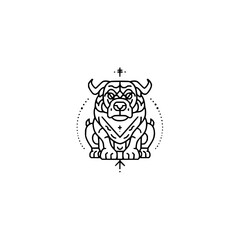 Fototapeta premium Illustration of a stylized dog with horns and a cross symbol above its head in a line art style design