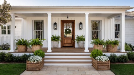 The modern farmhouse exterior features a crisp white facade with black and dark beige window frames. Large doors are flanked by potted flowers, while soft light grey accents add charm and balance.