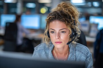 dedicated woman associate focused on screen activities in main client service center
