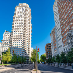 Tall skyscrapers in the city center of Madrid, Plaza de Spain.