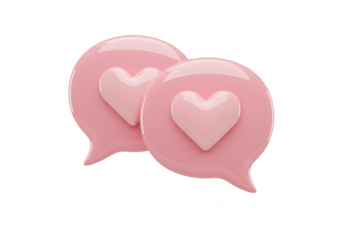 Two pink chat bubbles with hearts inside, symbolizing love and communication, isolated on a transparent background