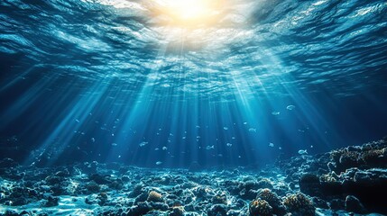 Fototapeta premium Underwater Scene with Sunbeams Penetrating the Water, Shoals of Fish and Coral Reefs 