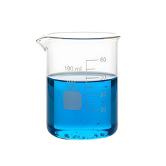 A laboratory beaker containing blue liquid, isolated on transparent background, symbolizing science and experimentation