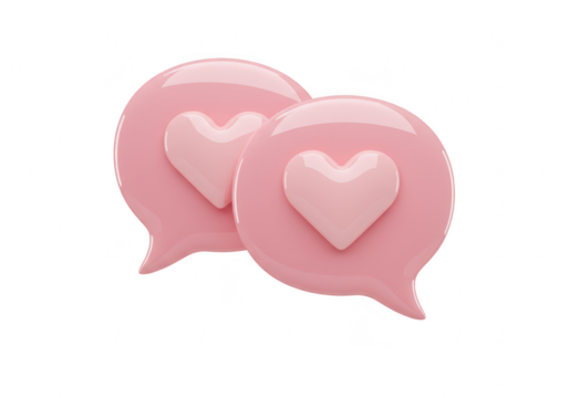 Two pink chat bubbles with hearts inside, symbolizing love and communication, isolated on a transparent background