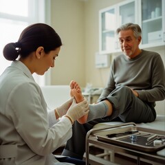 Obraz premium Podiatrist examining a senior man's foot in a medical clinic