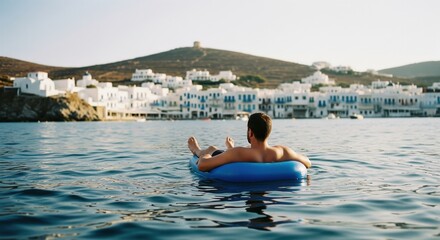 Man on float relaxing in sea with Greek village view