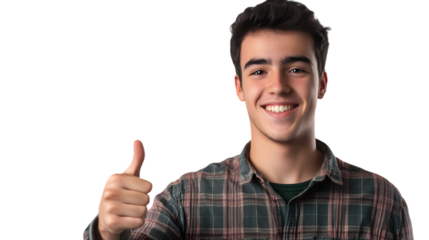 Young man smiling and giving a thumbs up wearing a plaid shirt against a black background in studio shot