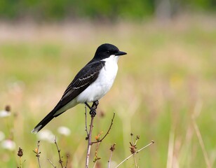 Naklejka premium A small bird perches on a twig in a field