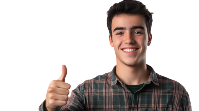 Young man smiling and giving a thumbs up wearing a plaid shirt against a black background in studio shot - Powered by Adobe