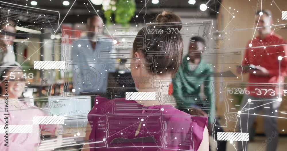 Poster woman presenter leading business data talk with colleagues initiating network overlay data blocks