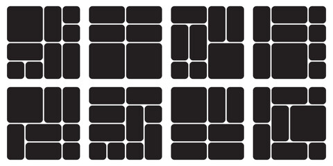 Bento grid vector square layouts. Geometric tiles pattern for photo collage, website layout, etc. Trendy tiling frames arrangements and presentation templates for social media.