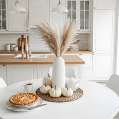 Autumn still lifes, Modern Kitchen with Autumnal Decorations and Pie.