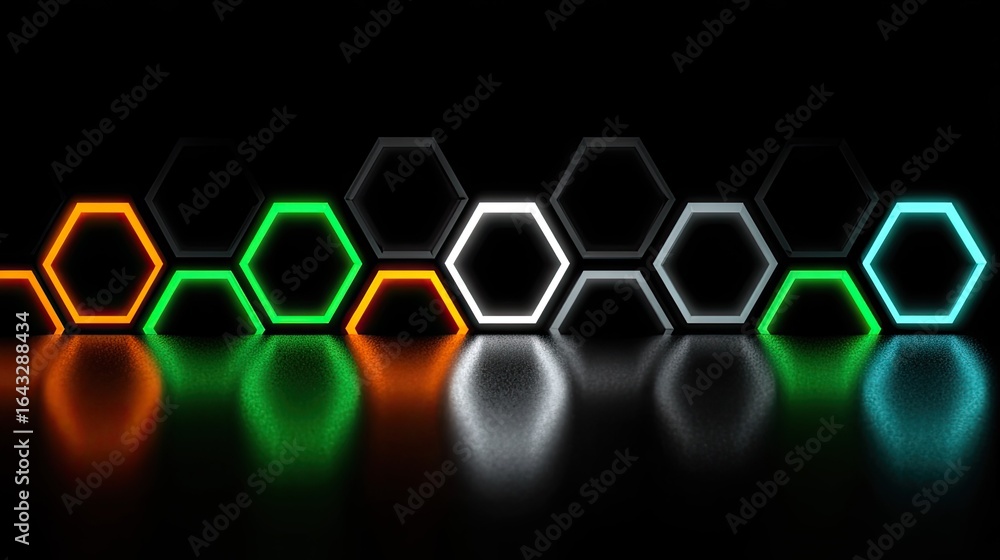 Poster Hexagonal neon lights arranged in a row on a dark surface.
