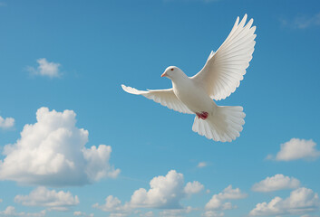 A graceful white dove soars against a vivid blue sky scattered with soft white clouds, symbolizing peace, freedom, and hope in a serene natural setting.