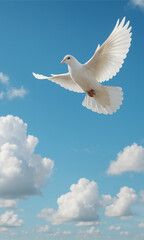 A white dove gracefully soars against a bright blue sky dotted with fluffy white clouds, symbolizing peace, hope, and freedom in a serene and uplifting natural scene.