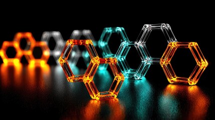 Geometric hexagons with glowing light effects.