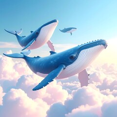 Three whales soar through pastel clouds in a dreamy, surreal seascape