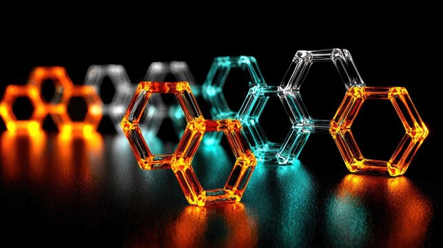 Geometric hexagons with glowing light effects.
