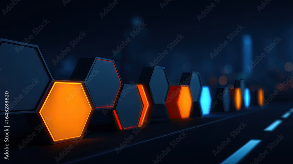 Poster illuminated hexagonal shapes aligned in a row.
