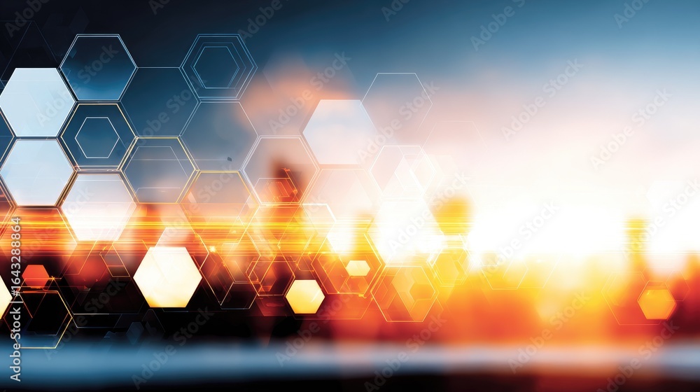Poster abstract design with glowing hexagons and soft light.
