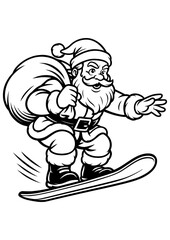 Naklejka premium Black and white vector of cute Santa Claus riding a snowboard while holding a gift sack. Perfect for engraving, prints, tattoos, and Christmas projects