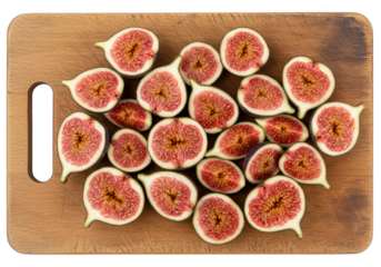 Freshly sliced ripe figs arranged on a rustic wooden cutting board, showcasing their vibrant pink interior and sweet texture, a healthy and delicious natural food isolated on transparent background