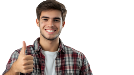 A young man with a beard and a plaid shirt giving a thumbs up and smiling on a black background