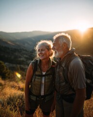 Smiling senior couple with backpacks hiking at sunset in the mountains.