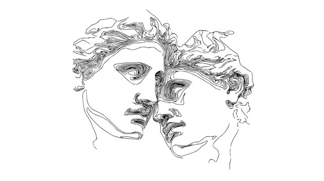 Line art depiction of two faces in close proximity with intricate hair and facial features design style