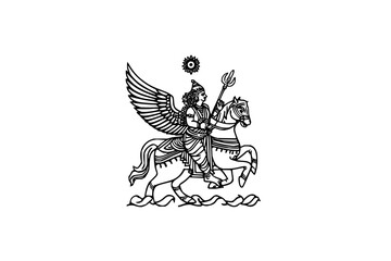 Fototapeta premium Illustration of winged figure riding a horse with a trident and sun symbol above them in black and white