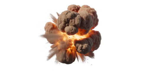 Fiery explosion with smoke and debris isolated on transparent background