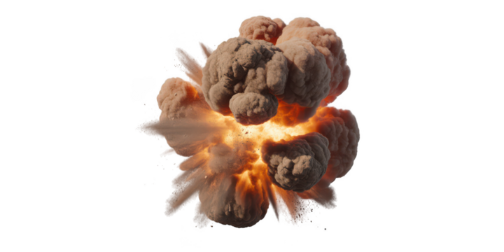 Fiery explosion with smoke and debris isolated on transparent background