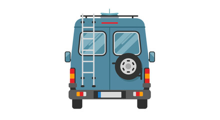 Rear View of Blue Camper Van with Ladder and Spare Tire.