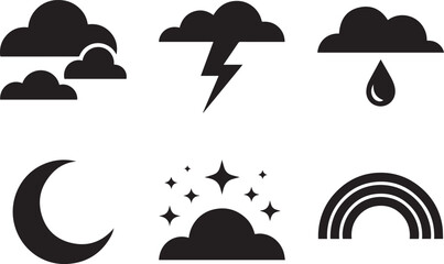 Black weather symbols clouds lightning rain crescent stars rainbow vector